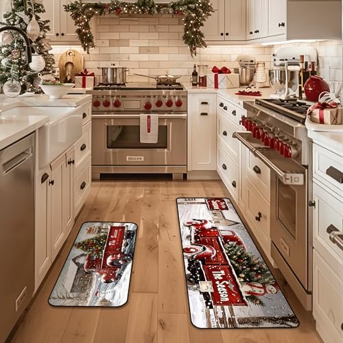 Kitchen Rugs Mat 2 PCS Christmas Halloween Kitchen Rugs Non Slip Washable with 1 PCS Mouse Pad Home Rug Sets Decorations, The Season