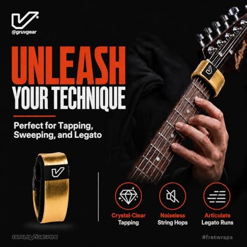 Gruv Gear Fret Wrap & Guitar Mute, Fretwrap for Acoustic, Electric & Bass | String Dampener Recording, Tapping & Practice Accessory (1 Pack, Medium Gold, Fits 5 String Bass, 7 String Guitar)