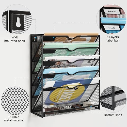Lavatino 6-Tier Mesh Hanging Wall File Organizer with Hooks – No Installation Needed, Paper Mail Organizer Wall-Mounted File & Magazine folder Holder for Office and Home (Black)