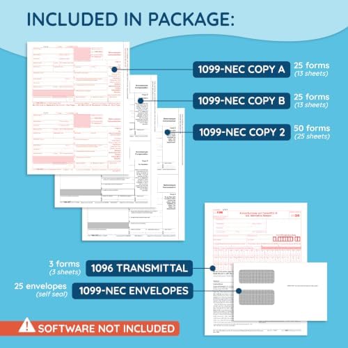 Blue Summit Supplies 1099 NEC 2026 Tax Forms Kit, 25 Pk, 4 Part, Envelopes