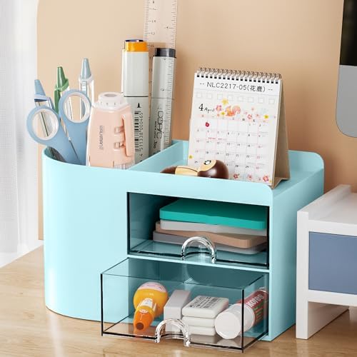 Marbrasse Small Desk Organizer with Drawer, Multi-Functional Pen Pencil Holder Storage Box for Desk, Desk Organizers and Accessories with 4 Compartments + 2 Drawer for Office Art Supplies(Blue)