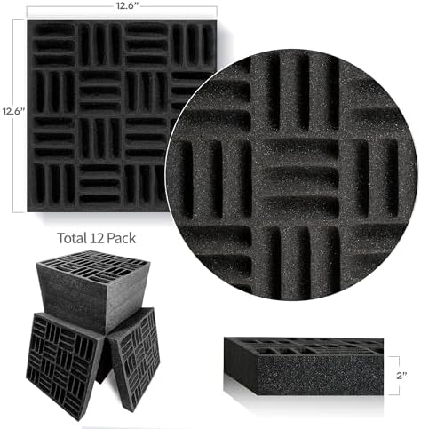 Foroomaco Grid Acoustic Foam Panels, 12.6 x 12.6 x 2 in, 12 Pack, Black