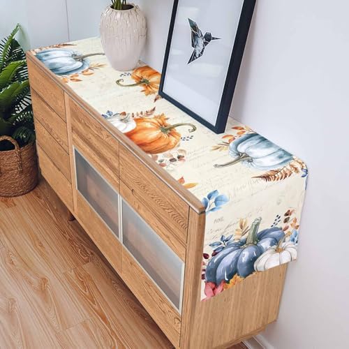 Fall Pumpkin Table Runner Dresser Scarf 14 x 72 Inch Blue Orange Maple Leaf Rustic Table Runners Non-Slip Heat Resistant Kitchen Dining Table Decor for Autumn Thanksgiving Holidays Indoor Outdoor