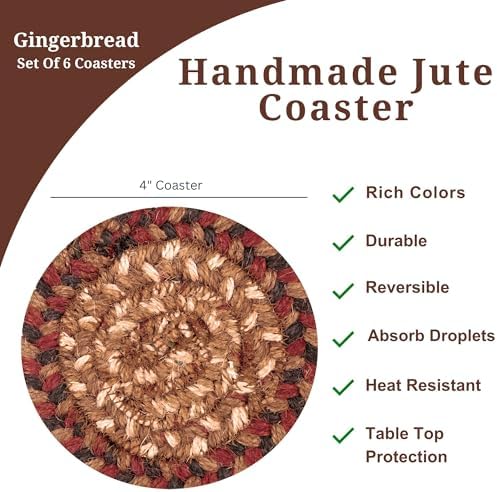Homespice Gingerbread Braided Coasters for Country Decor, Round 4" Set of 6