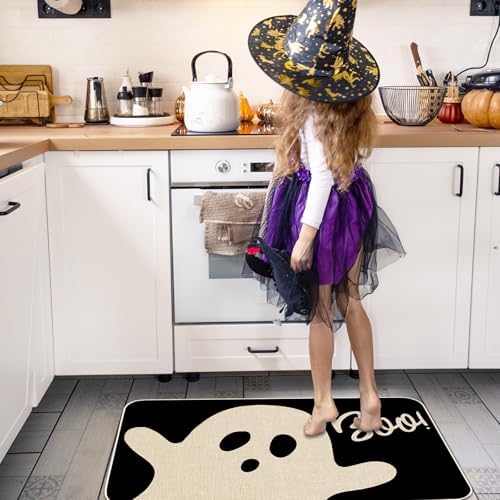 JarThenaAMCS Halloween Ghost Kitchen Mat Set of 2 Black Spooky Ghost Boo Kitchen Floor Mats Cute Non-Slip Door Rugs for Halloween Party Home Bathroom Entrance
