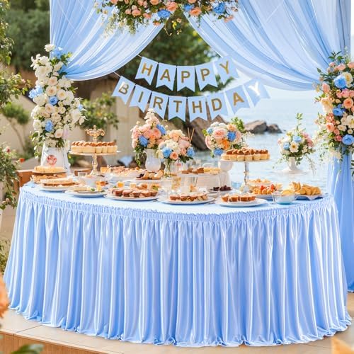 Wish Care 14ft Baby Blue Satin Table Skirt for Rectangle Tables Wrinkle Free Teacher Desk Skirt Glitter Ruffle Table Skirting Cloth for Back to School Classroom Office Dorm Birthday Party Table Decor