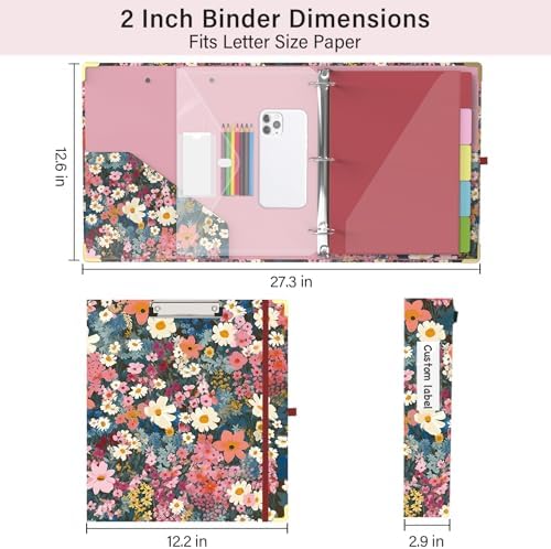 3 Ring Binder 2 Inch for Letter Size 8.5" x 11" Paper, Clipboard Binder with 5 Tabbed Dividers with Pockets, Plastic Folder and 40 Divider Stickers, School and Office Supplies, Colorful Flowers