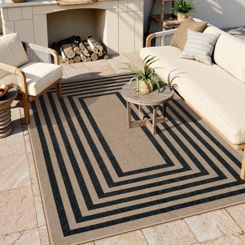 Lahome Modern Easy Jute Dining Room Rug, 5x7 Black Geometric Outdoor Rug
