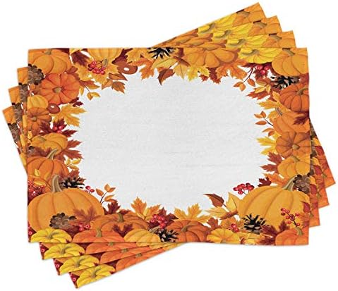 Lunarable Thanksgiving Place Mats Set of 4, Cartoon Style Circular Frame with Orange Pumpkin and Dry Leaves, Washable Fabric Placemats for Dining Table, Standard Size, Dark Orange