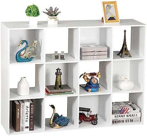 SUPER DEAL 12-Compartment Open Shelf Bookcase, 47 inch Wide Cube Storage Cabinet Wood Cubical Bookshelves Display Unit with 6 Removable Back Panels for Living Room Bedroom, White