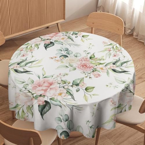 Pink Flowers Tablecloth, Watercolor Sage Green Eucalyptus Leaves Branches Floral Print Table Cloth for Picnic Party Dining Room Home Decor, 70x70in
