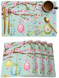 Happy Easter Placemat, Spring Floral Bunny Rabbit Ear Eggs Heat Resistant Dining Table Mats Holiday Farmhouse Decor for Kitchen&Linens Outdoor Indoor, Pink Flower Branch Teal Green Leaves