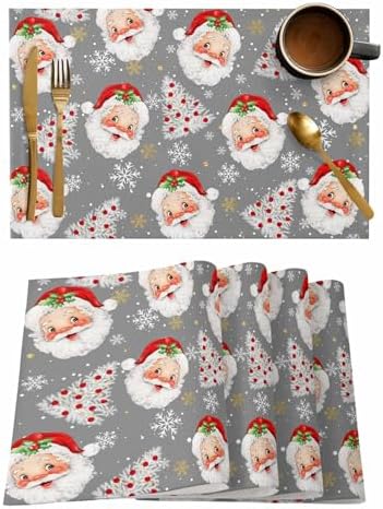 Grey Christmas Placemats Set of 4, Santa Claus Merry Christmas Tree Heat Resistant Washable Table Place Mats Winter Snowflake Cotton Table Linens Party Holiday Decor for Kitchen Dining Outdoor Indoor