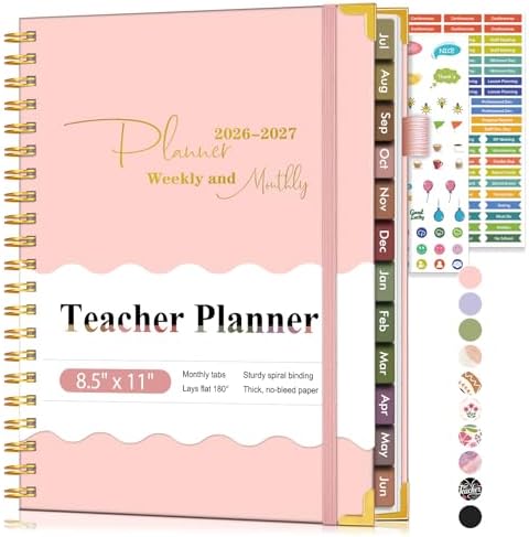Teacher Planner 2026-2027, July 2026 - June 2027, Academic Weekly & Monthly Calendar Planner with Tabs, 8.5" x 11" A4 Teacher Lesson Plan Book with 7 Periods, Daily Agenda School Organizer for Teacher Student Homeschool, Pink