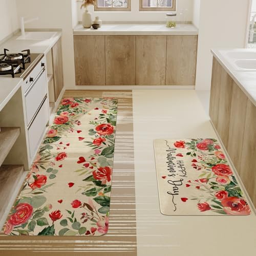 Valentines Day Kitchen Mat Set 2 Piece,Floral Love Hearts Red Rose Flowers Decorative Kitchen Rugs,Valentine's Day Low-Profile Mats for Home Kitchen Decor 17"x48"+17"x30"