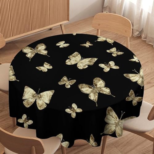 Golden Butterfly Tablecloth, Vintage Luxury Yellow Golden Butterflies Print Table Cloth for Kitchen Dining Coffee Table Outdoor Party Decor, 70x70in