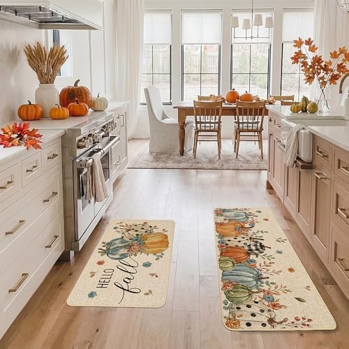Baccessor Fall Kitchen Rugs Set of 2, Blue Pumpkins Floral