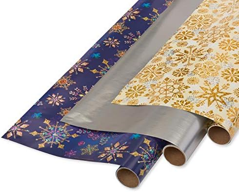 Papyrus Wrapping Paper Rolls for Christmas, Hanukkah, and All Holidays, Snowflakes Print and Metallic Silver (3 Rolls, 62.5 sq. ft.)