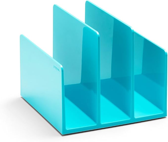 Poppin Fin File Sorter - 3-Compartment File Organizer, Sturdy and Durable Document Organizer, Sleek Design with Lacquer-like Finish, File Folder Organizer for Desk (Aqua)