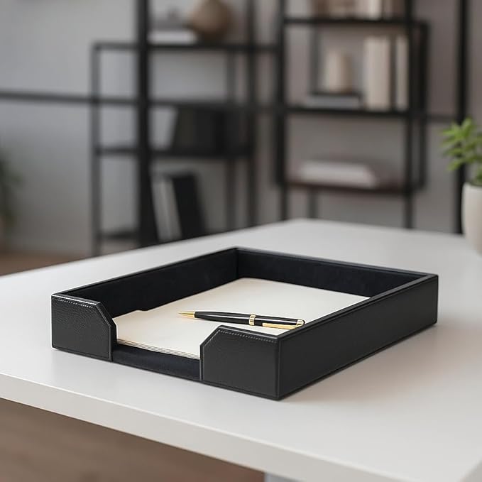 Dacasso Bonded Leather Desktop Tray Luxury Letter Holder & Paper Organizer for Desk, 13.5in x 10.5in x 2.13in, Black