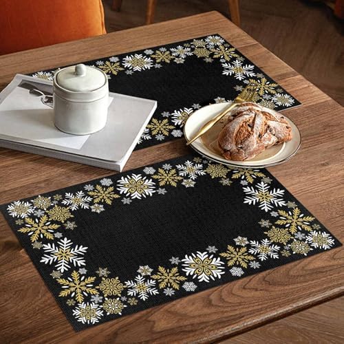 Gold White Snowflakes Chriatmas Placemats Set of 4, Winter Xmas Holiday Heat Resistant Washable Table Place Mats Black Cotton Table Linens Party Holiday Decor for Kitchen Dining Outdoor Indoor