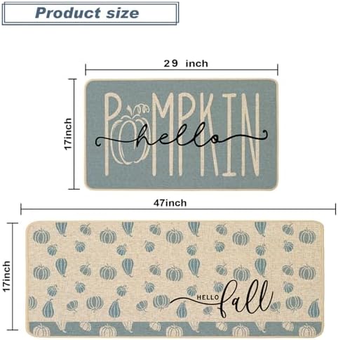 Baccessor Fall Kitchen Rugs Set of 2, Blue Pumpkin Kitchen Mats for Floor Washable Low-Profile Farmhouse Autumn Holiday Home Indoor Outdoor Decor 17x29 and 17x47 Inch