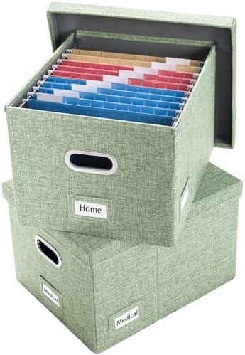 PRANDOM File Organizer Box - Set of 2 Collapsible Decorative Linen Filing Storage Hanging File Folders with Lids Office Cabinet Letter/Legal Size Green 17x14x11.2 inch