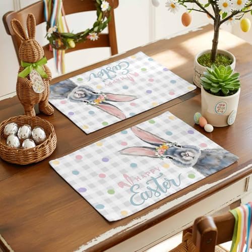 Easter Placemats Set of 6, Floral Bunny Place Mats Washable Dining Table Mats Spring Holiday Party Decor for Kitchen&Linens Outdoor Indoor, Polka Dots Grey Buffalo Plaid