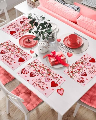 Pink Valentine's Day Placemats Set of 6, Red Love Heart Tree Heat Resistant Washable Table Mats Be My Valentine Cotton Table Linens Party Holiday Decor for Home Kitchen Dining Table Outdoor Indoor