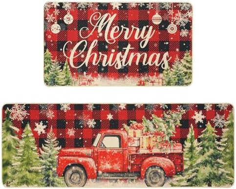 MEHOFOND Merry Christmas Kitchen Rugs Set of 2,Farmhouse Truck Red and Black Buffalo Plaid Kitchen Rugs,Winter Xmas Holiday Floor Mat,Snowflake Christmas Kitchen Decor 17 x 29 and 17 x 47 in