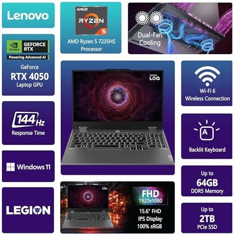 Lenovo LOQ Gaming Laptop | 15.6" FHD IPS 144Hz (100% sRGB G-SYNC) | AMD Ryzen 5 7235HS | 64GB DDR5 1TB SSD | NVIDIA GeForce RTX 4050 6GB | Backlit Wi-Fi 6 Privacy Camera Win11 Pro w/DLCA Accessory