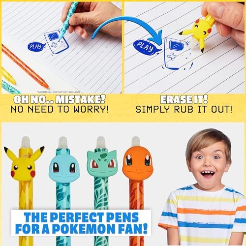 Pokemon Erasable Pens Set of 4 School Supplies Smooth Writing Retractable Pikachu Blue Gel Pens Ballpoint for Drawing Doodling Journaling Kawaii Anime Gifts