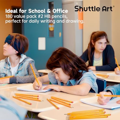 Shuttle Art Wood-Cased #2 HB Pencils, 180 Pack Sharpened Yellow Pencil with Erasers, Bulk Pack Graphite Pencils for School and Teacher Supplies, Writing, Drawing and Sketching