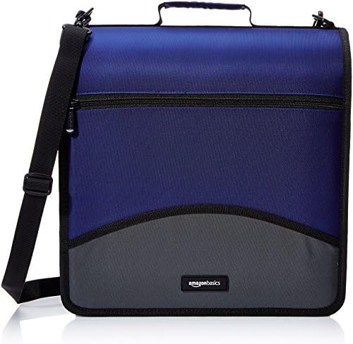 Amazon Basics Durable 3 Ring Zipper Binder with Multiple Pockets and Shoulder Strap, D-Ring Closure, Large Capacity, 4 inches, Blue