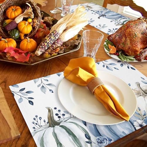 Fall Placemats Set of 6, White Blue Pumpkin Place Mats Blue Eucalyptus Leaves Tablemats Harvest Thanksgiving Placemat Table Decoration for Kitchen Table Holiday Dinner Party Autumn Home Decor