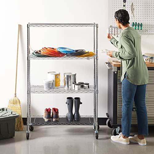 Amazon Basics 4-Shelf Adjustable Heavy Duty Storage Shelving Unit with Wheels, No-Tool Easy Assembly, Garage Shelving, Metal Wire Rack with Casters and Leveling Feet, 36" x 14" x 57.8", Chrome