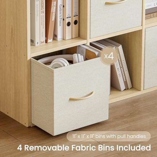 EXPERLAM 8 Cube Storage Organizer - Solid Wood Bookshelf with 4 Storage Bins, Cube Shelf with 2 Removable Back Panels, Vertical or Horizontal Bookcase, Open Book Shelf for Bedroom, Living Room, Office