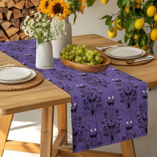 Halloween Haunted Table Runner Dresser Scarf 13 x 108 Inch Purple Black Ghost House Mansion Table Runners Non-Slip Heat Resistant Kitchen Dining Table Decor for Halloween Holidays Indoor Outdoor