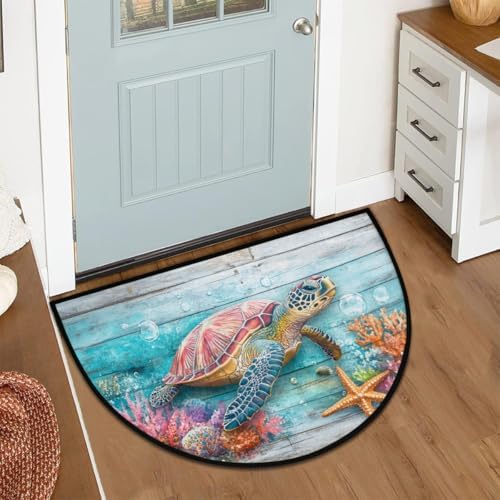 Ocean Wood Turtle Starfish Half Round Door Mat, Non-Slip Welcome Indoor Entrance Way Rug Semi Circle Front Doormats Washable Bathroom Kitchen Floor Mat, Outdoor Rugs for Garage, Patio, Hearth Rug