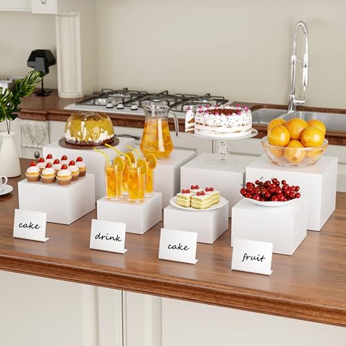 Metal Buffet Risers,4PCS Food Risers for Buffet Table 5in to 8in Display Stand with Mini Acrylic Signs for Catering Dessert Collectibles Jewelry Figures Show Grayish White Cube Boxes Nesting Risers with Hollow Bottoms