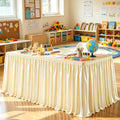 Wish Care 14ft Champagne Satin Table Skirt for Rectangle Tables Wrinkle Free Teacher Desk Skirt Glitter Ruffle Table Skirting Cloth for Back to School Classroom Office Dorm Birthday Party Table Decor