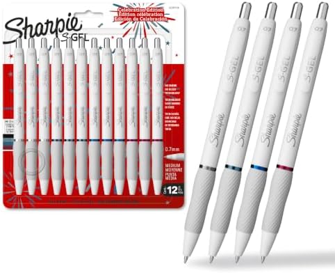 Sharpie S-Gel Pens, Pearl White Body, Fashion Barrel, Medium Point (0.7mm), Colorful Ink, 12 Count, USA 250th Anniversary Edition