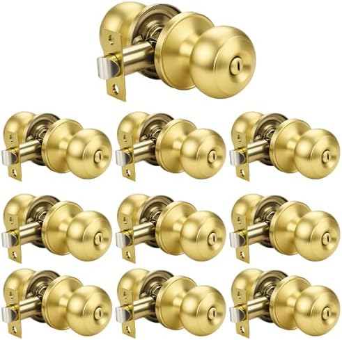KNOBWELL 10 Pack Privacy Door Knob for Bathroom or Bedroom Door Knobs, Round Interior Door Knobs, Gold Indoor Door Knob, Keyless Door Knob with Lock, Door Handle Lock, Gold