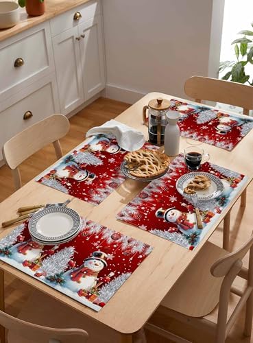 Christmas Red Placemats Set of 4, Cotton Linen Snowflake Cute Snowman Table Mats Non-Slip Washable Xmas Tree Red Christmas Balls Ornaments Placemat for Xmas Dining Kitchen Table Decor