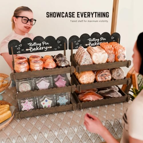 HOTCAN Wooden Cookie Display Stand with Chalkboard Sign for Bakers, Vendors, Craft Fairs | Pastry Display for Market Booths & Events | 3 Tiered Cookie Display for Muffins, Cakes, and Pastries (Brown)