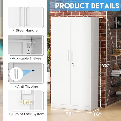 Greenvelly White Metal Storage Cabinet, 72" Steel Locking Cabinet with Doors and 4 Adjustable Shelves, Tall Tool Cabinets Lockable File Cabinet for Home Office, Metal Classroom Cabinet for Garage