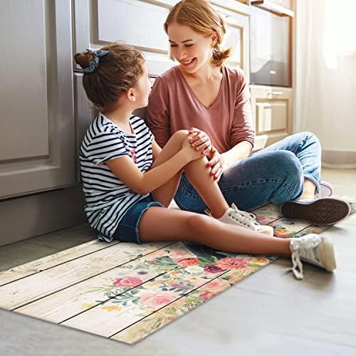 Cow Kitchen Rugs and Mats for Floor 2 Piece Sets, Wood Grain Floral Floor Mat for Kitchen, Farmhouse Cow Kitchen Mat in Front of Sink for Standing for Country Kitchen Decor 17"X30"+17"X47"