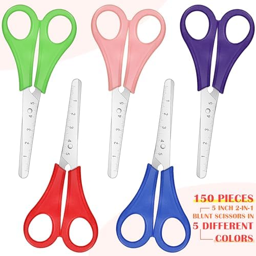 Honoson 150 Pack Student Scissors Bulk with Ruler Blade,5 Colors