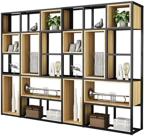 Wood Industrial Cube Bookcase with Shelves & Open Back Iron Bookshelf Floor Steel & Wood Shelf Multi-Layer Shelf Storage Rack Office Partition Display Rack Natural 94.5" L x 9.8" W x 78.7" H
