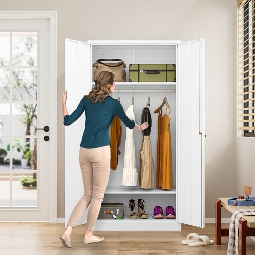 Metal Wardrobe Cabinet with Hanging Rod & Lock,White Armoire Wardrobe Closet,Metal Clothing Storage Cabinet with Adjustable Shelves and Doors,72" Armoire Storage Cabinets for Home,Living/Laundry Room